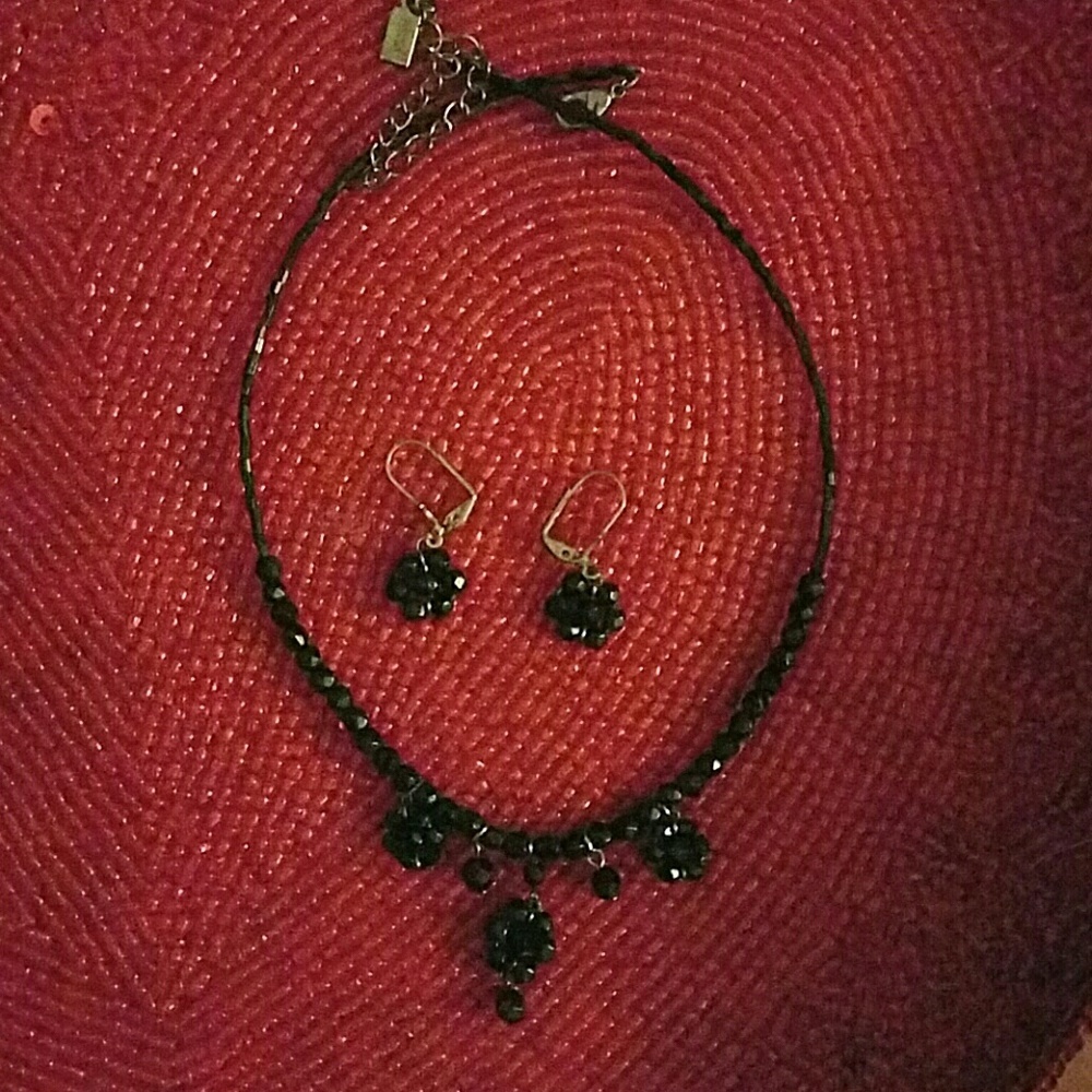 Black Bead Necklace and Earrings